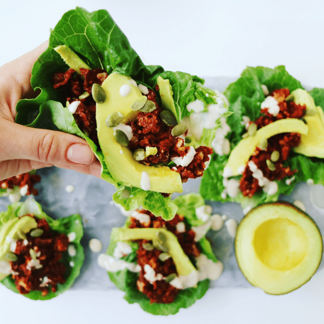 Raw Sun-dried Tomato & Walnut ‘mince’ lettuce cups w Avocado