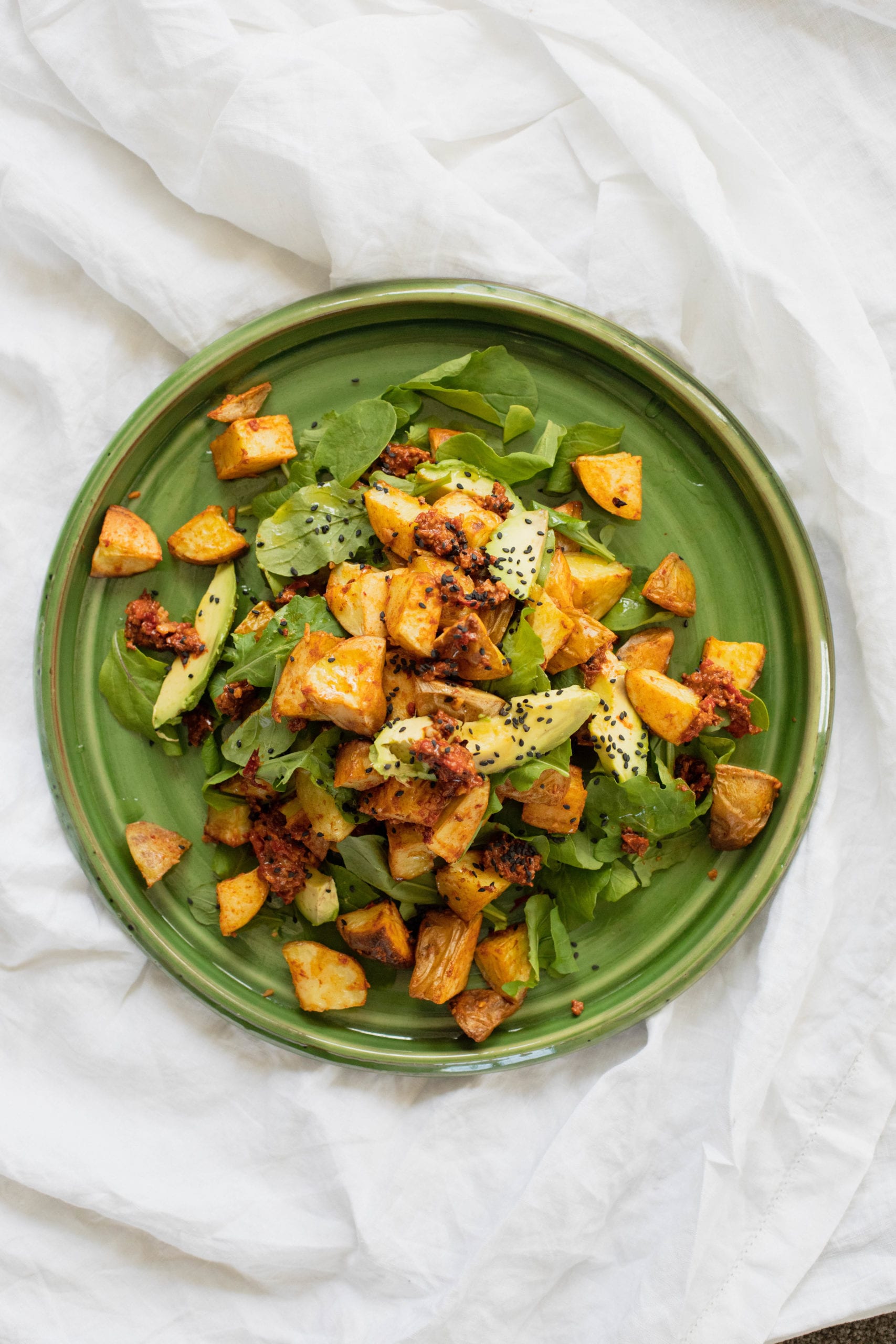 Roasted Potato & Rocket Salad w Capsicum Walnut Sauce