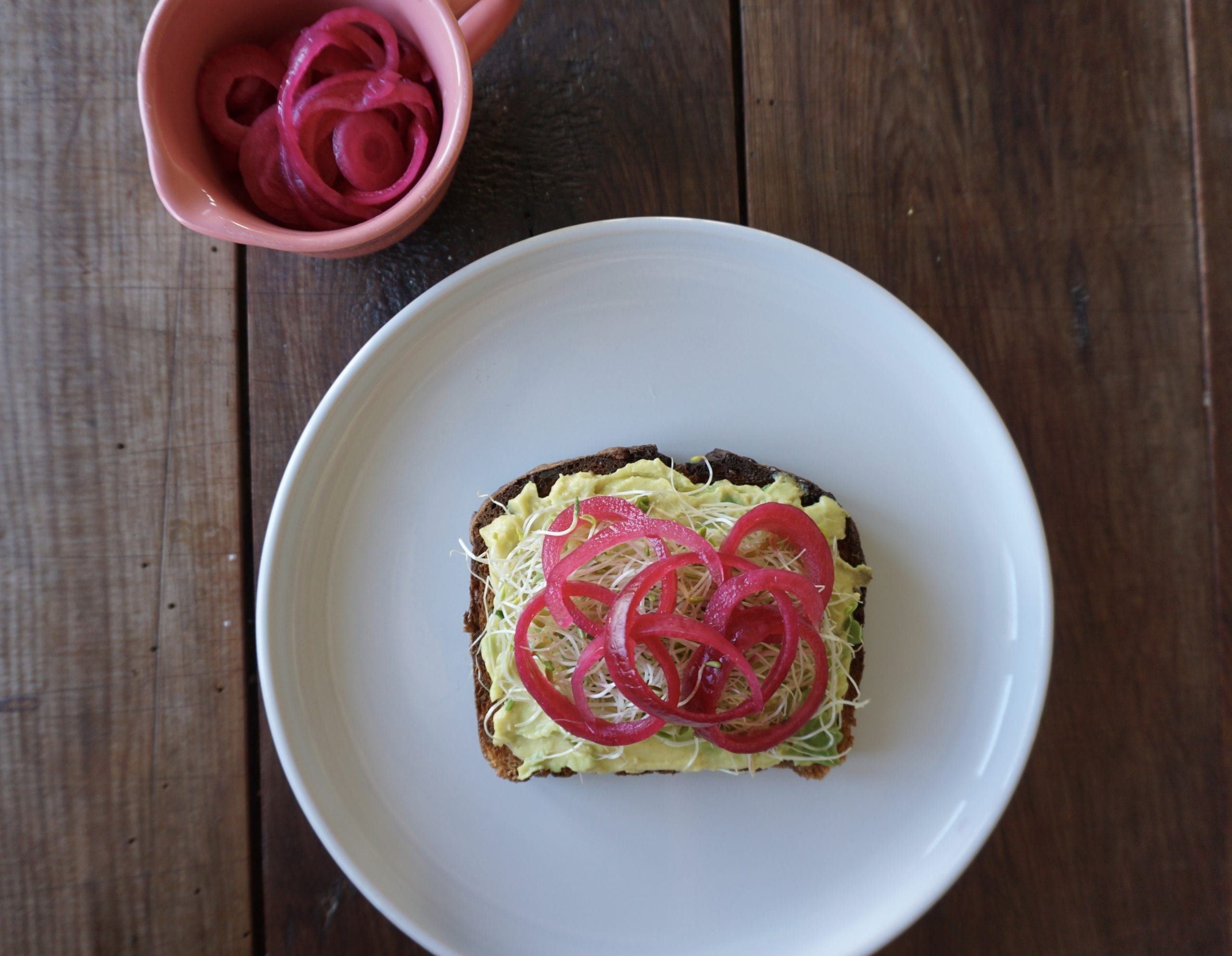 Avocado, Sprouts & Pink Pickled Onion on Toast