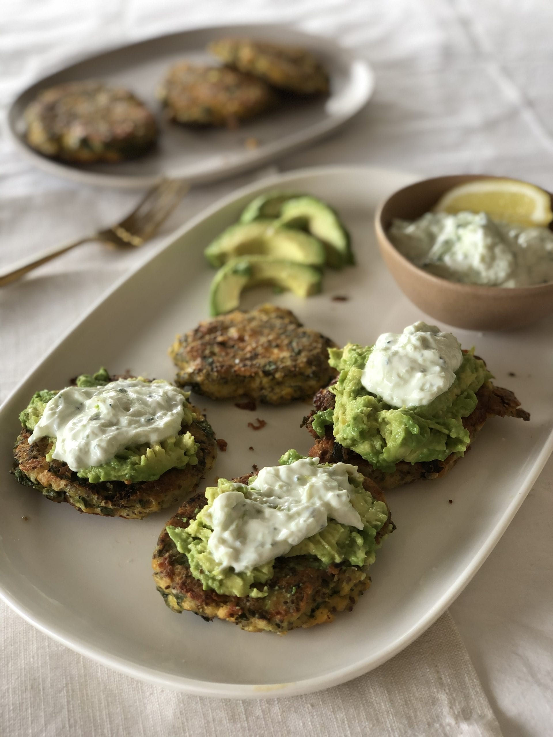 Silverbeet & Chickpea Fritters w Creamy Avocado & Tzatziki