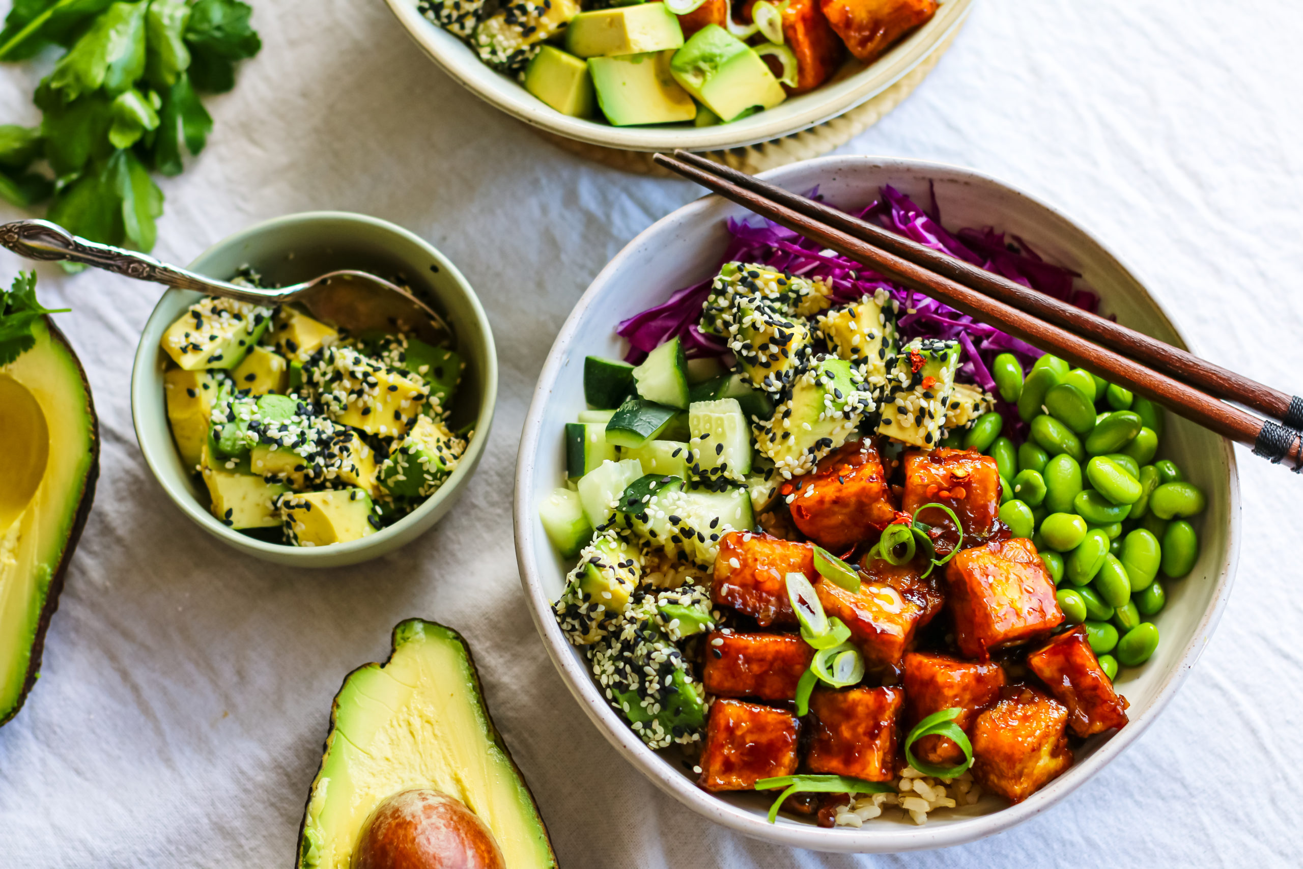 Teriyaki Tofu & Sesame Avocado Rice Poké Bowl